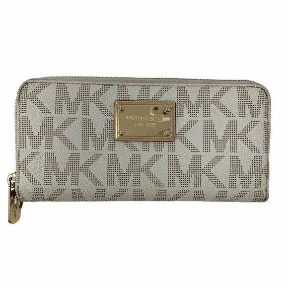 Michael Kors Women's Jet Set Continental Wallet Ivory Signature Logo Leather - Picture 1 of 7